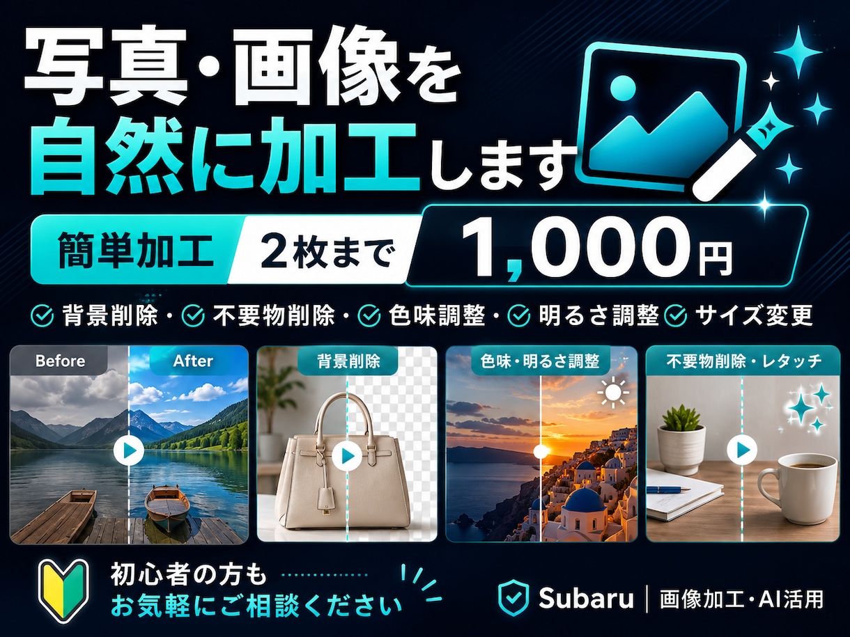 写真・画像を自然に加工します 簡単加工2枚まで。背景削除や色調整に対応します イメージ1