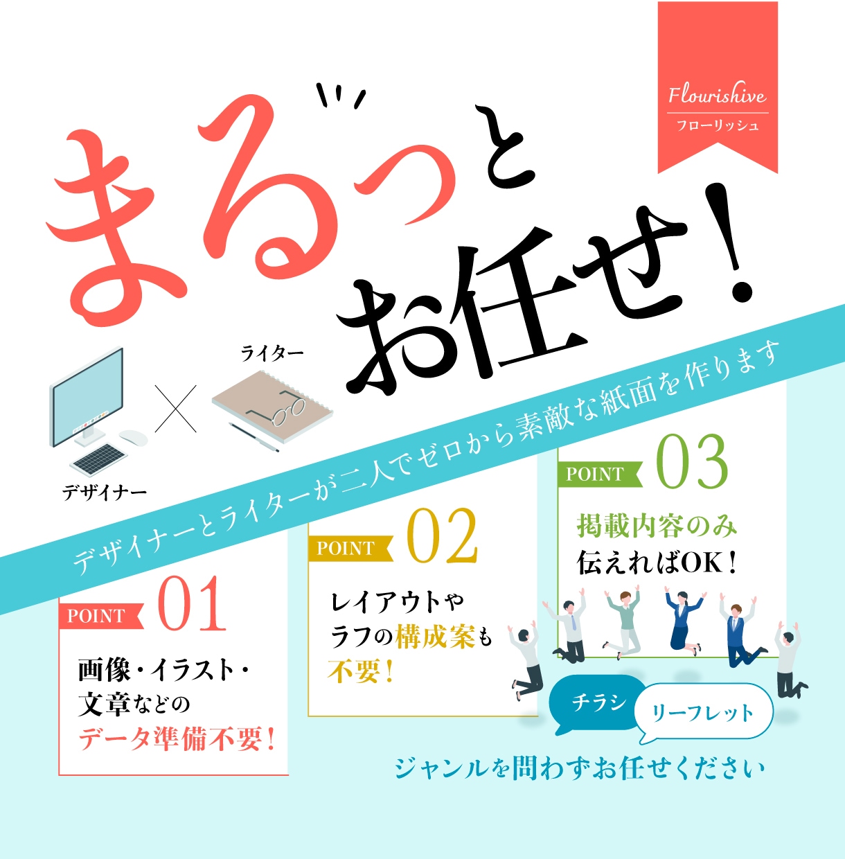 デザイナーとライター２人で素敵なチラシを作ります ご用意いただくのは掲載内容の資料だけ！まるごとお任せください イメージ1