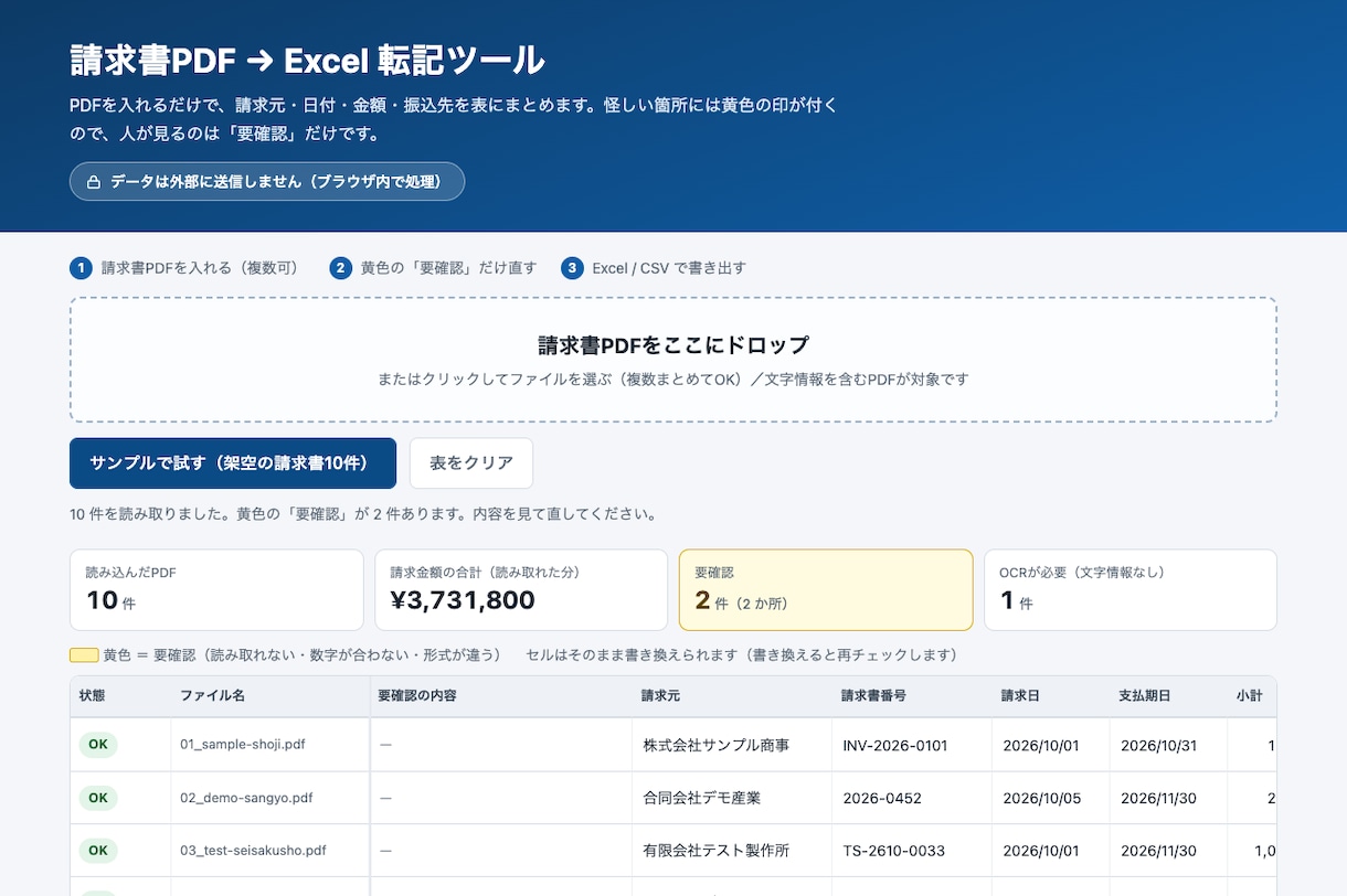 請求書PDFをExcelにまとめるツールを渡します 完成品をすぐお渡し。怪しい所は黄色で知らせます イメージ2