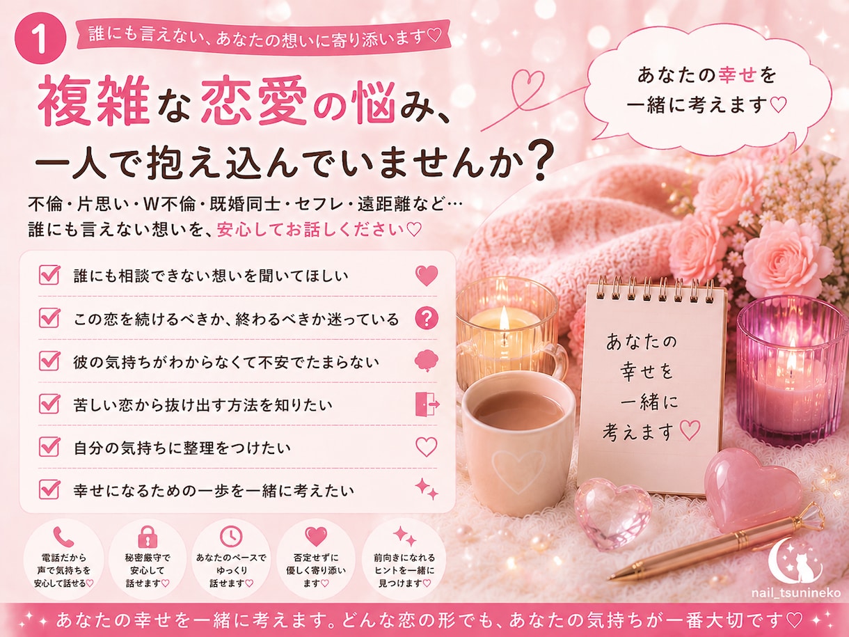 複雑な恋愛・苦しい恋♡誰にも言えない本音聞きます 別れられない・依存・DV・モラハラ・不倫も否定せず寄り添う イメージ2