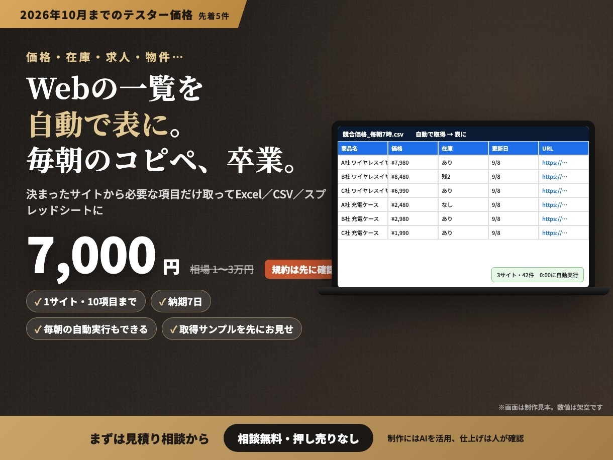 Webの一覧データを自動で集めます 価格・在庫・求人・物件の一覧をコピペせず自動取得 イメージ1