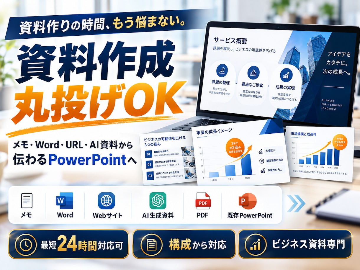 丸投げOK｜急ぎのビジネス資料を作成します メモ・Word・AI資料から伝わるPowerPointへ イメージ1