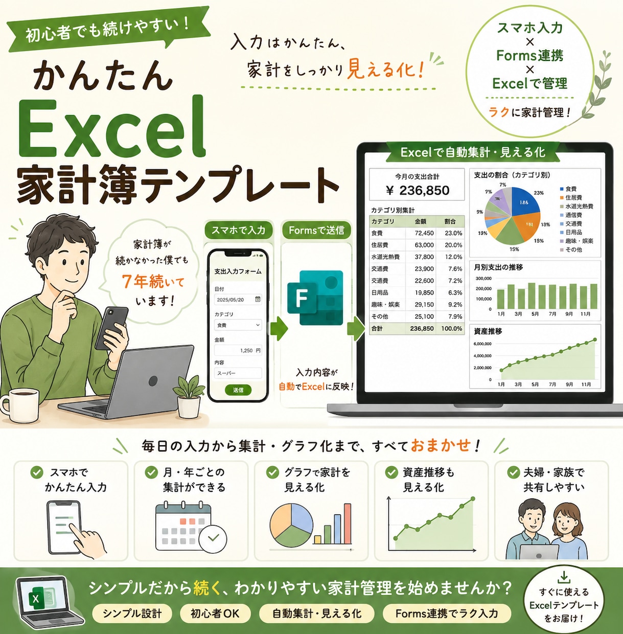 スマホ連携のシンプルなExcel家計簿を作ります Forms連携でスマホから簡単にExcel家計簿に入力 イメージ1