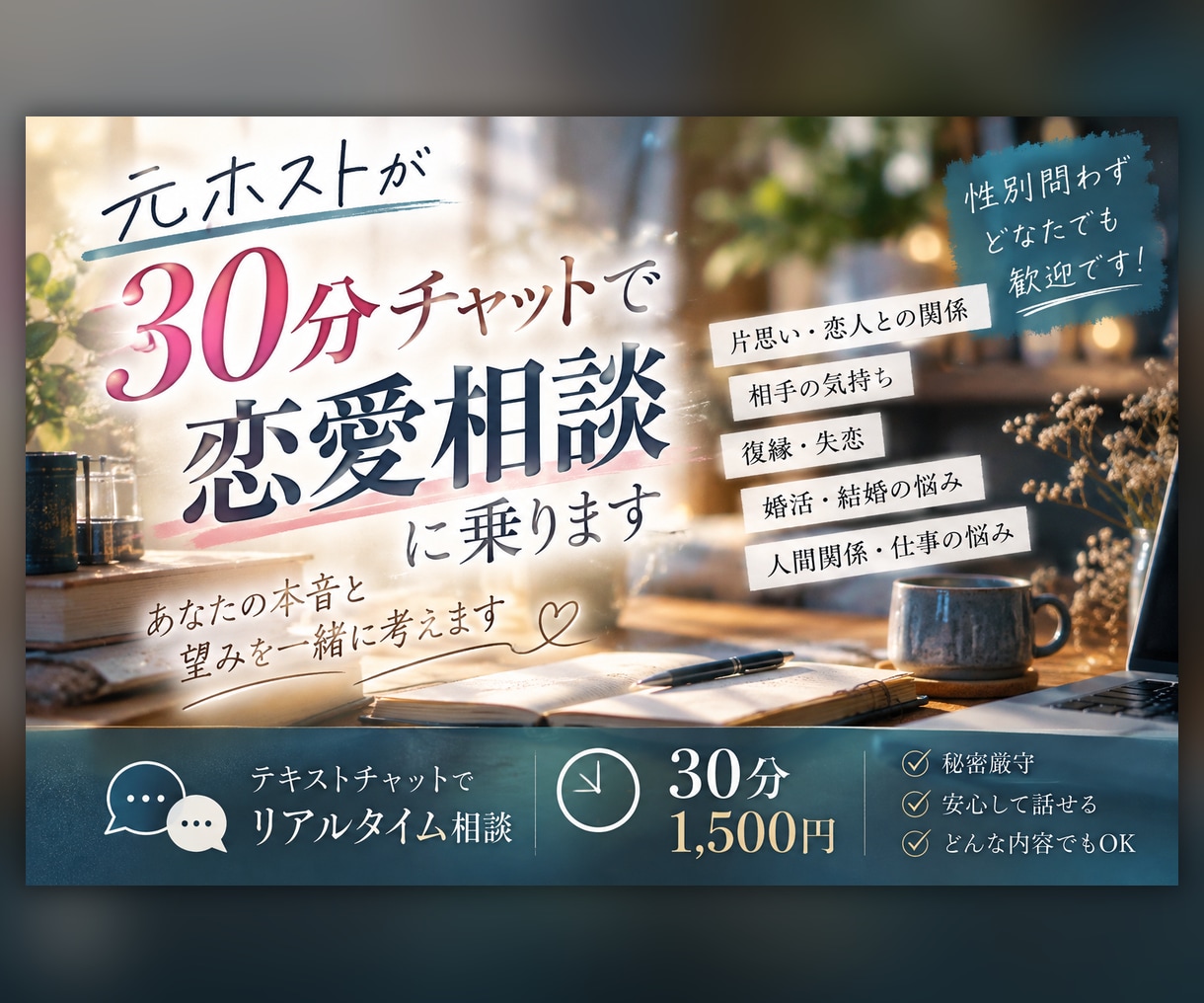 元ホストが30分チャットで恋愛相談に乗ります あなたの気持ちに寄り添い、本当の望みを一緒に考えます。 イメージ1