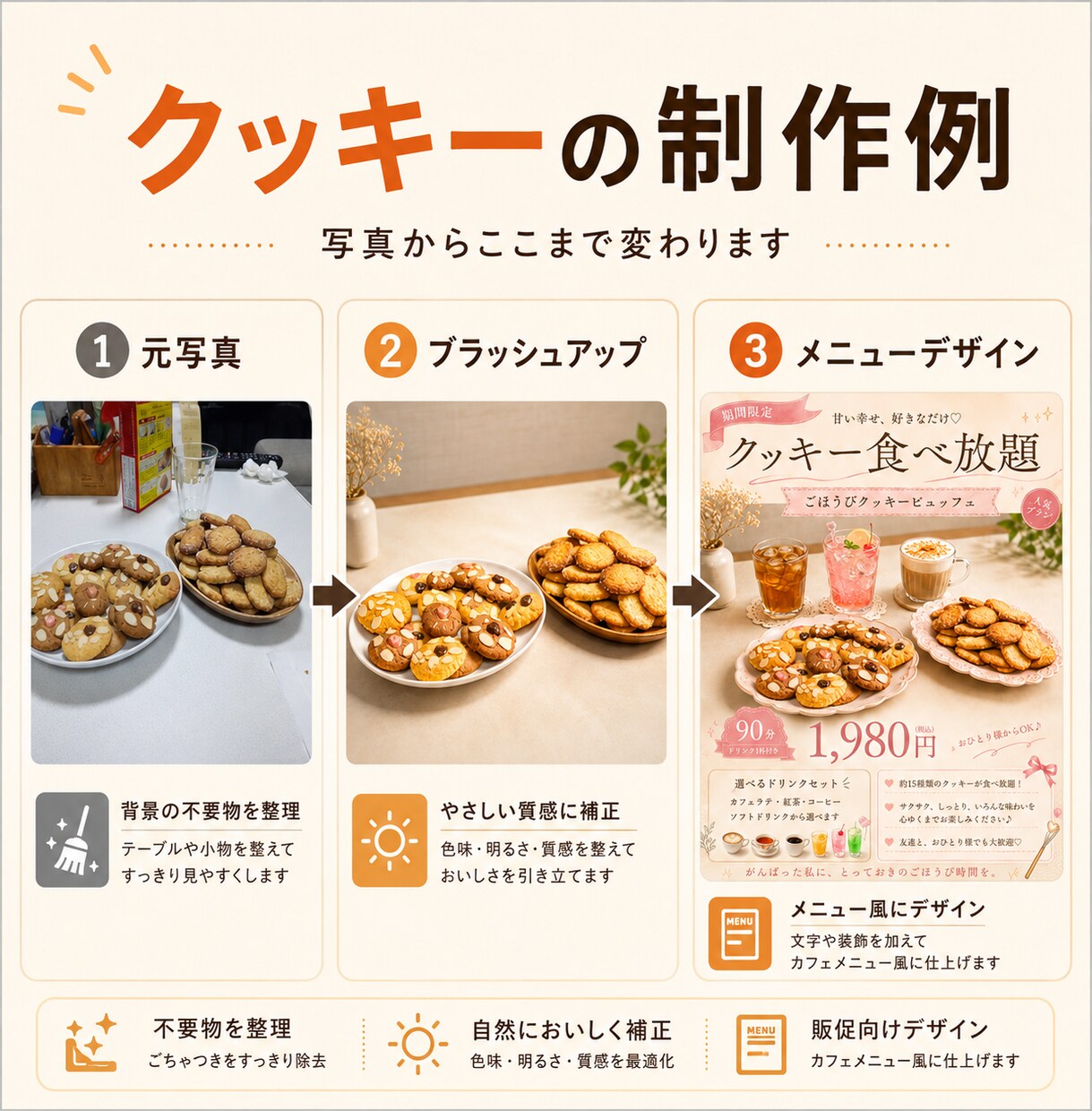 料理写真をカフェメニュー風に仕上げます 料理写真以外もＯＫ！写真補正から販促デザインまで対応します イメージ4