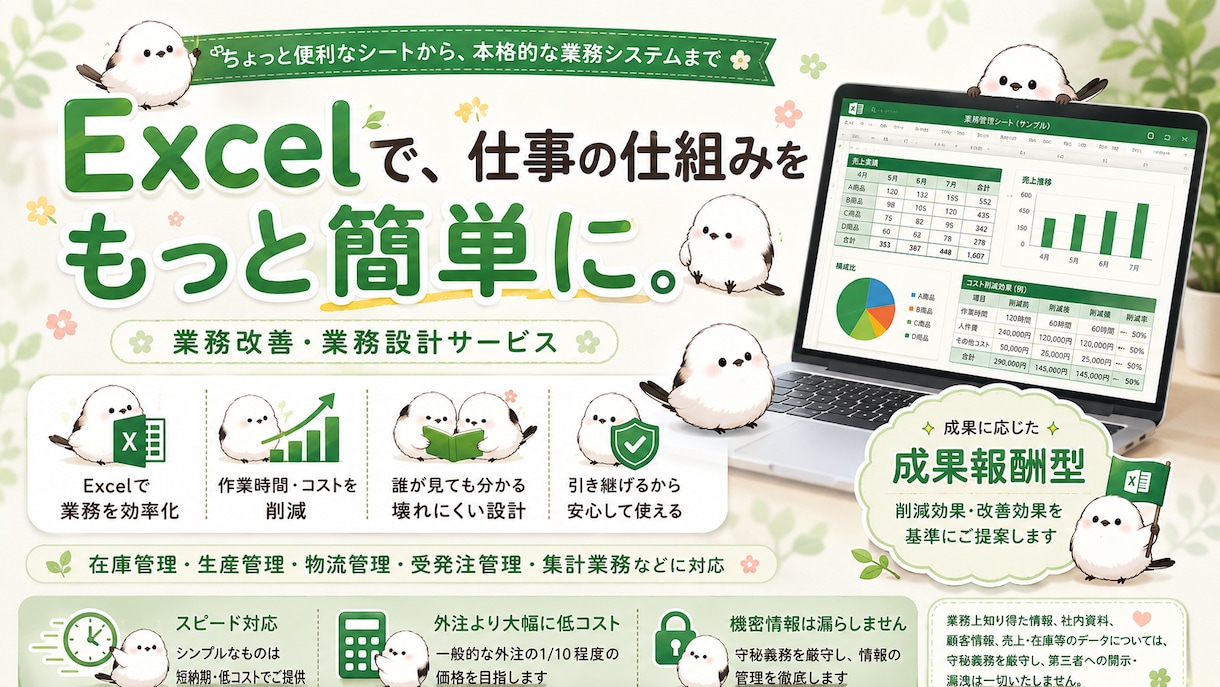 Excel業務補助〜業務システム設計を行います 初心者！助けて！〜 本格的な業務システムまで仕事を簡単に。 イメージ1