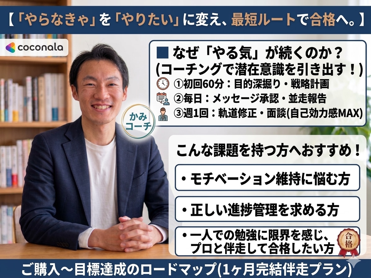 資格取得が続かない人へ 計画と進捗サポートします 明確な計画と週1の進捗確認でやる気を維持し確実に進めます。 イメージ1