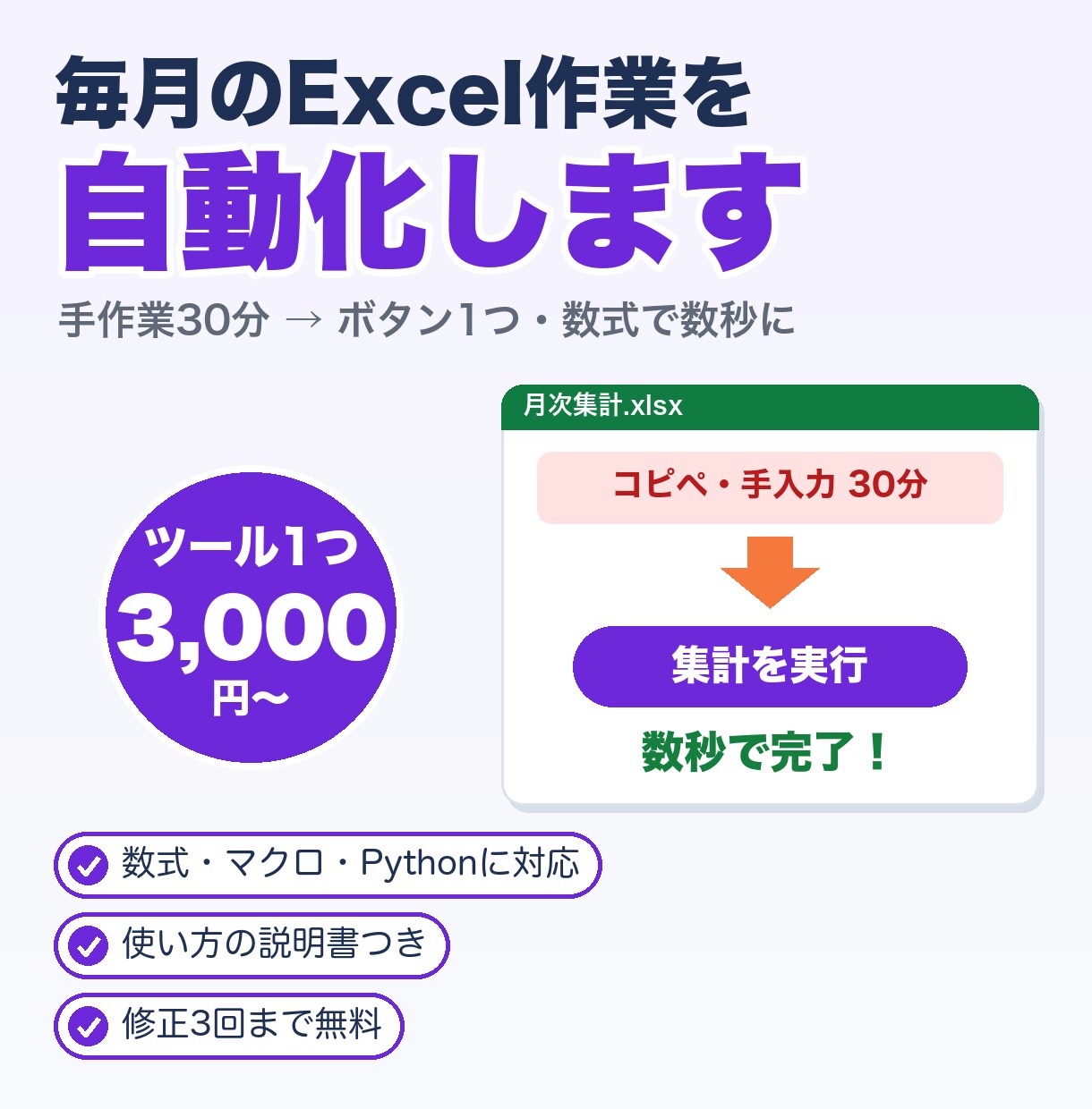 Excelの面倒な作業を自動化するツールを作ります 毎月の手作業を、ボタン1つ・数式で数秒に イメージ1