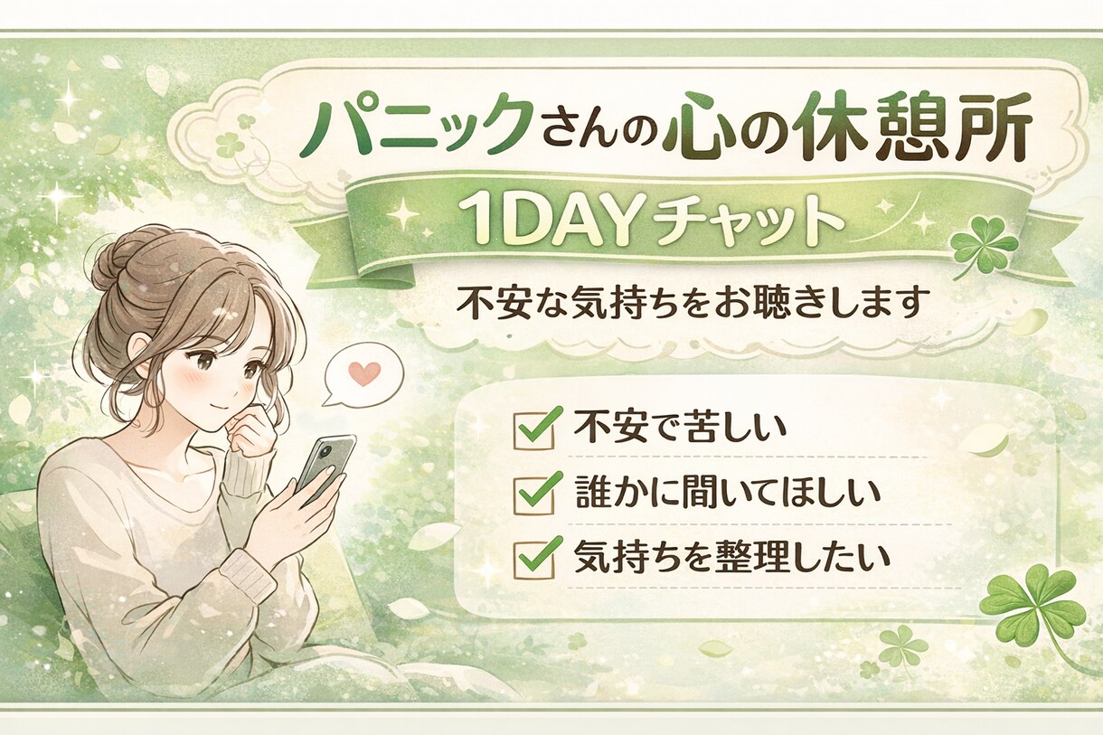 パニック経験者がゆっくりチャットで聴きます 1DAYチャット| あなたの不安な気持ちをお聴きします＾＾ イメージ1