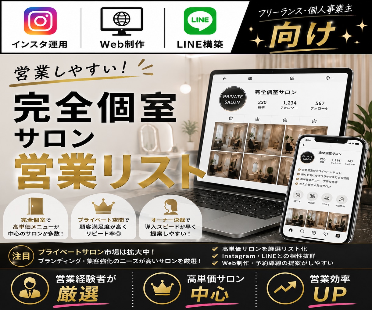 厳選！完全個室サロンリストを売ります インスタ運用・Web制作・LINE構築向け【１万件】 イメージ1