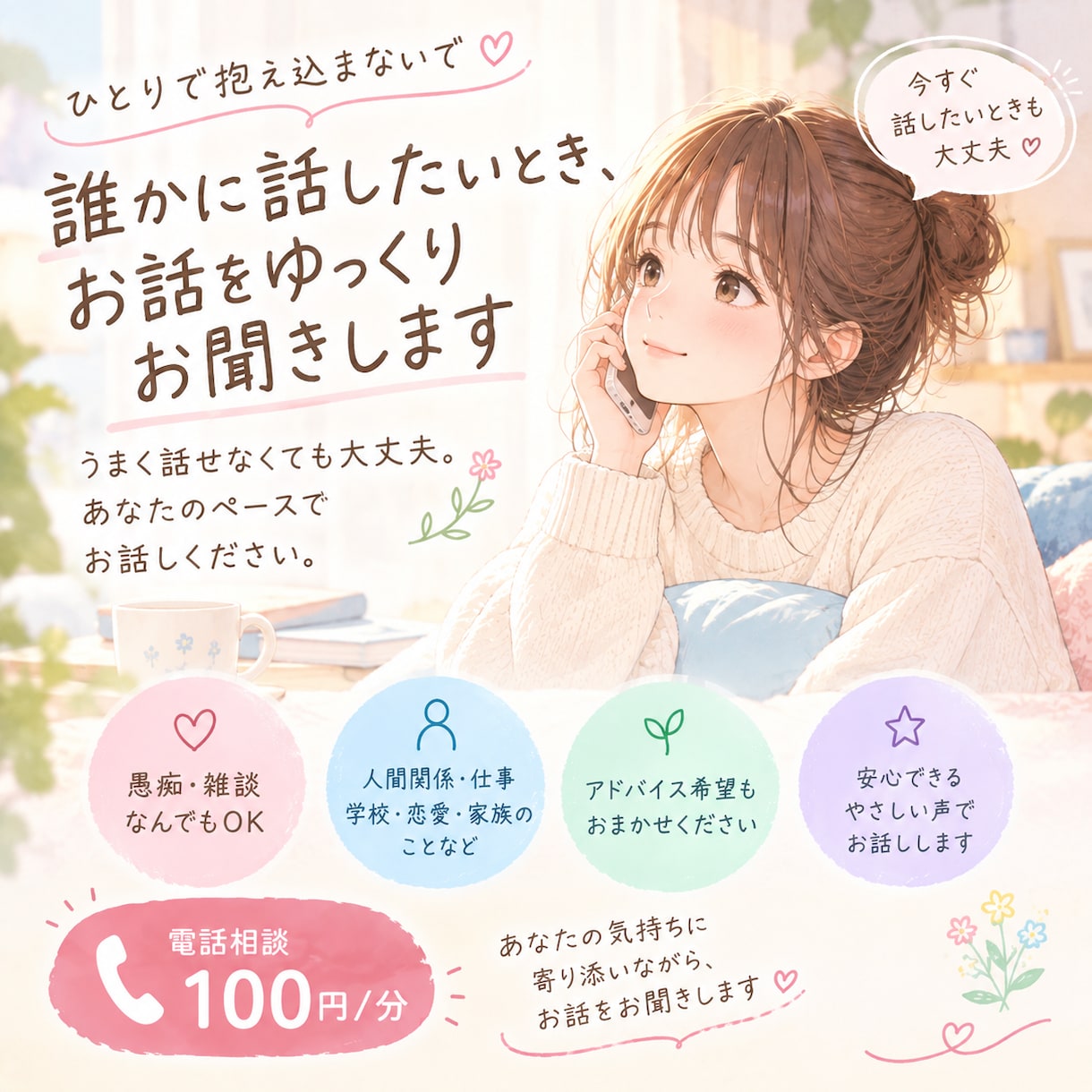 誰かに話したいとき、お話をゆっくりお聞きします うまく話せなくても大丈夫。あなたのペースでお話しください イメージ1