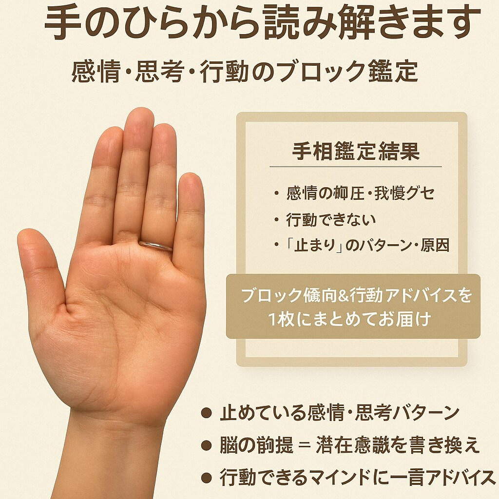ブレーキ発見し、潜在意識で未来が動く手相鑑定します 感情・思考・行動のブロックは手相にでる！手相×潜在意識分析 イメージ1