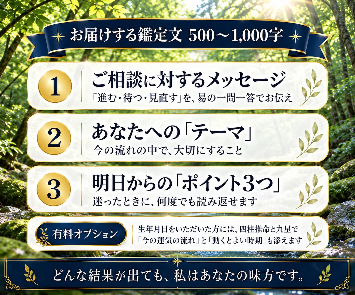 易と四柱推命で、今の流れと動き方を文章で整理します 今、動く？それとも待つ？迷ってるあなたへ文章でお届けします。 イメージ2