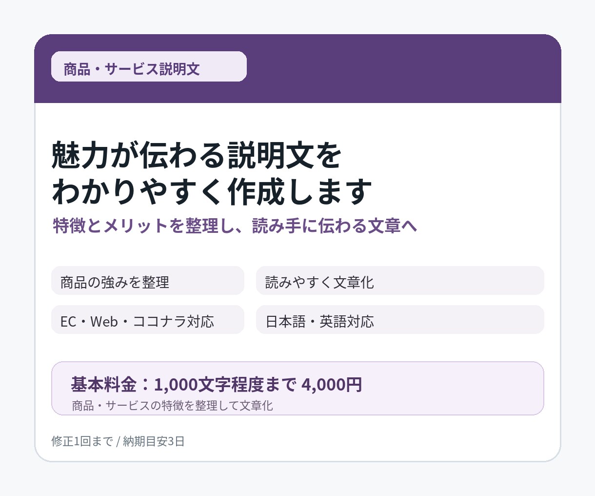 商品・サービスの魅力が伝わる説明文を作成します 特徴とメリットを整理し、読み手に伝わる文章へ仕上げます イメージ1