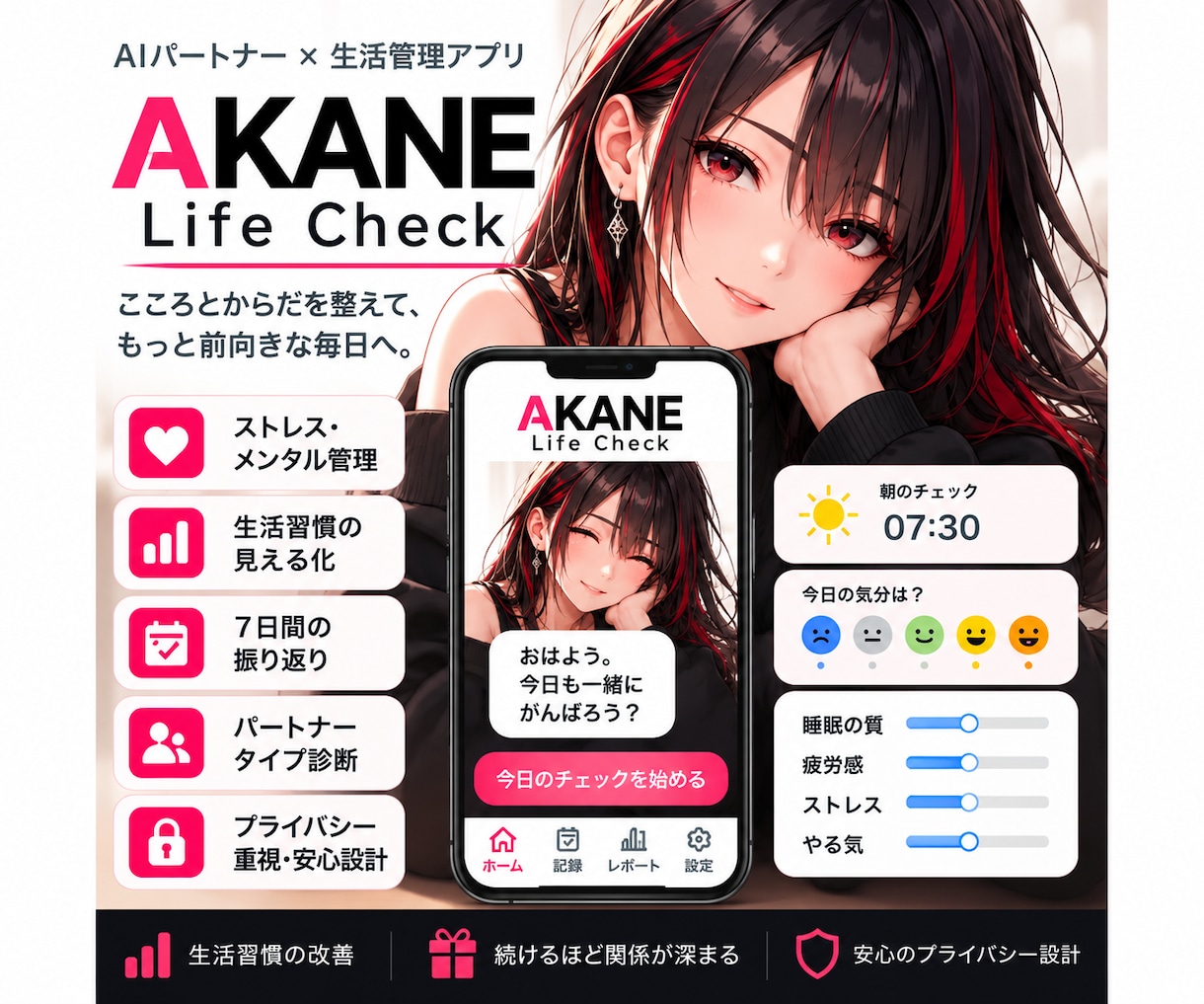 AKANE Life Checkで生活を整えます 睡眠・疲労・気分を記録・AKANEとのきずなも育ちます！ イメージ2