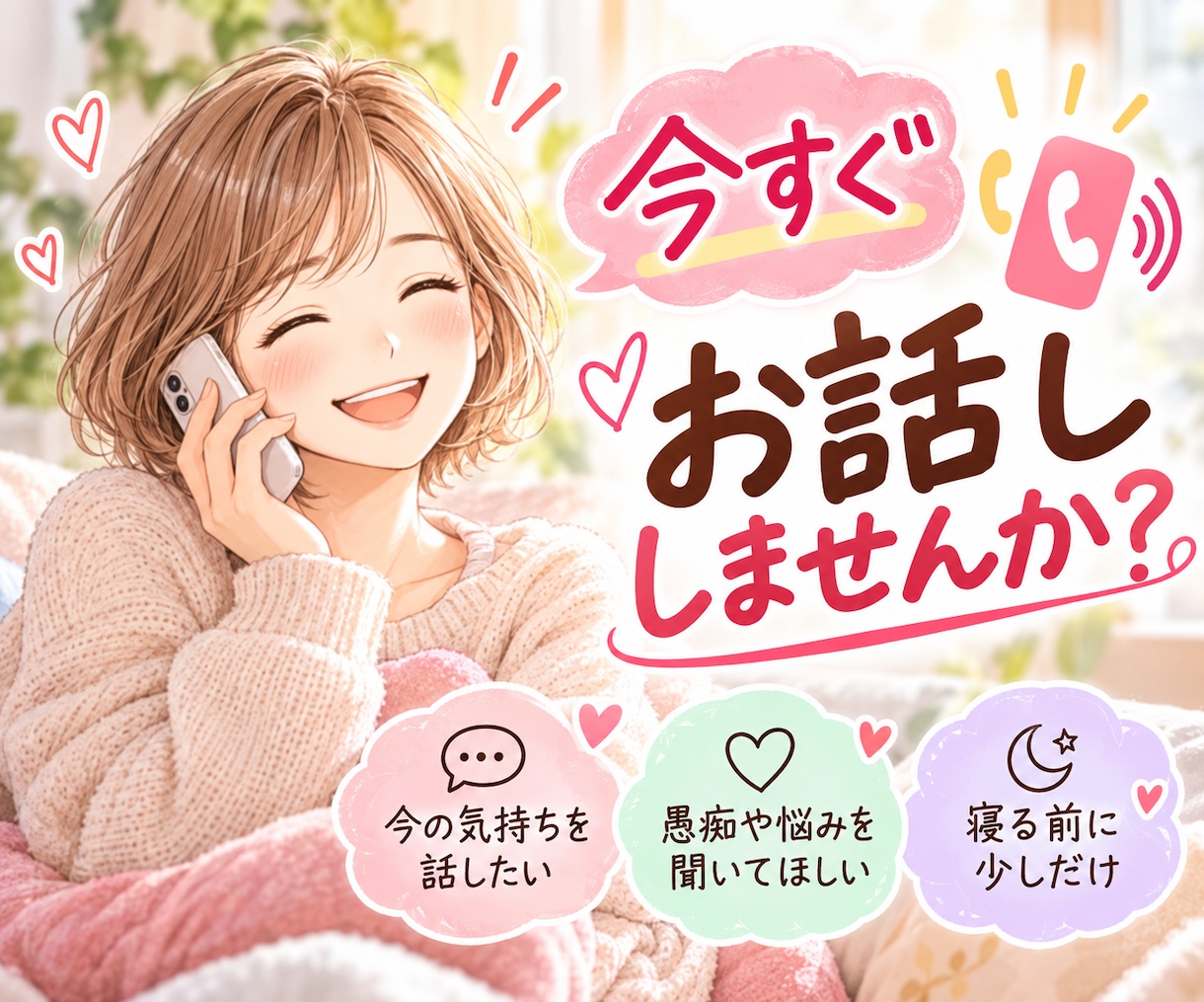 今すぐ話したい！あなたのお話、優しく聴きます 1分からOK♪愚痴・雑談・秘密のお話も♡気軽にお電話ください イメージ1
