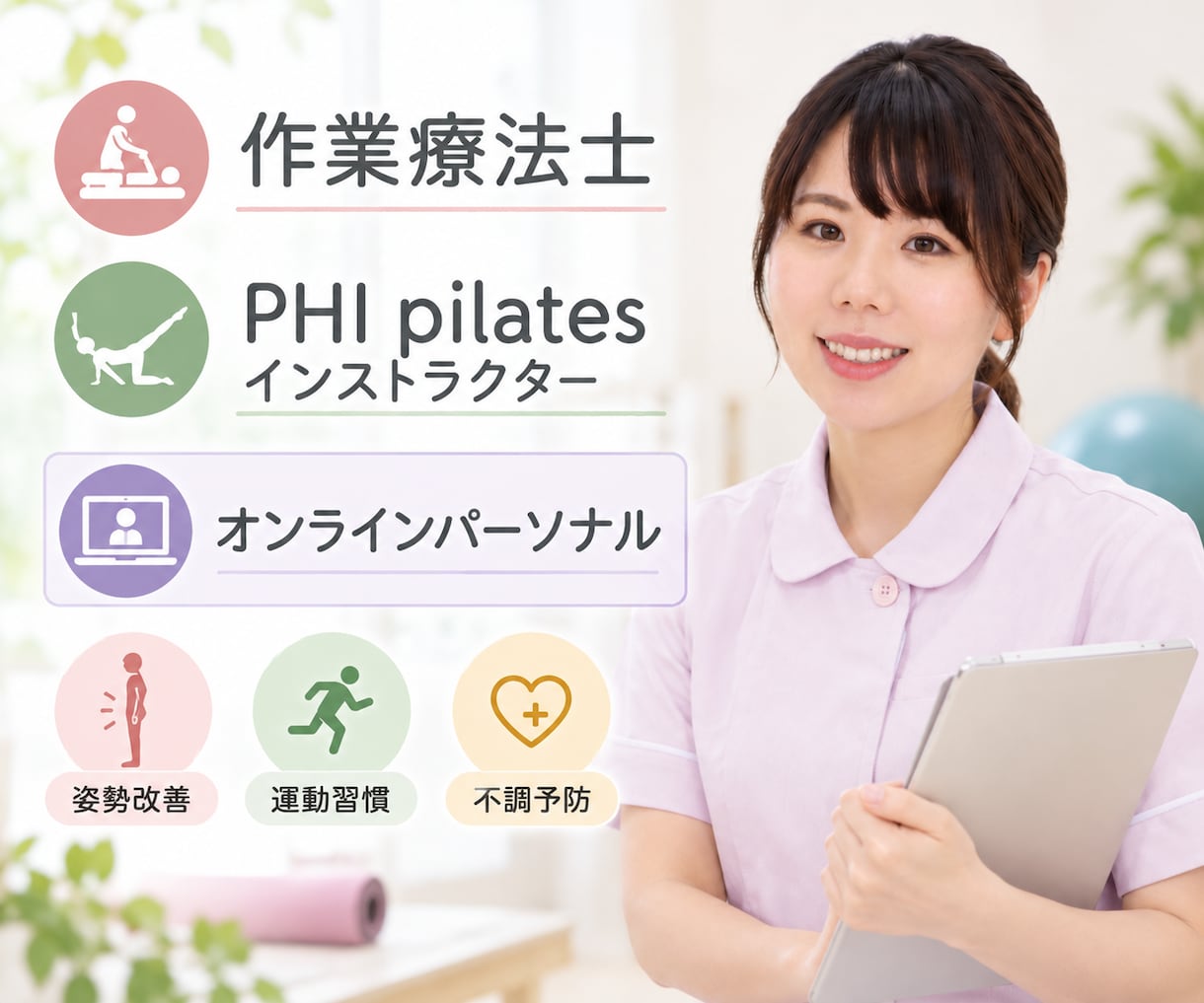 作業療法士があなた専用の運動を指導します 姿勢・身体のクセを分析し、あなたに合った運動をマンツーマンで イメージ1