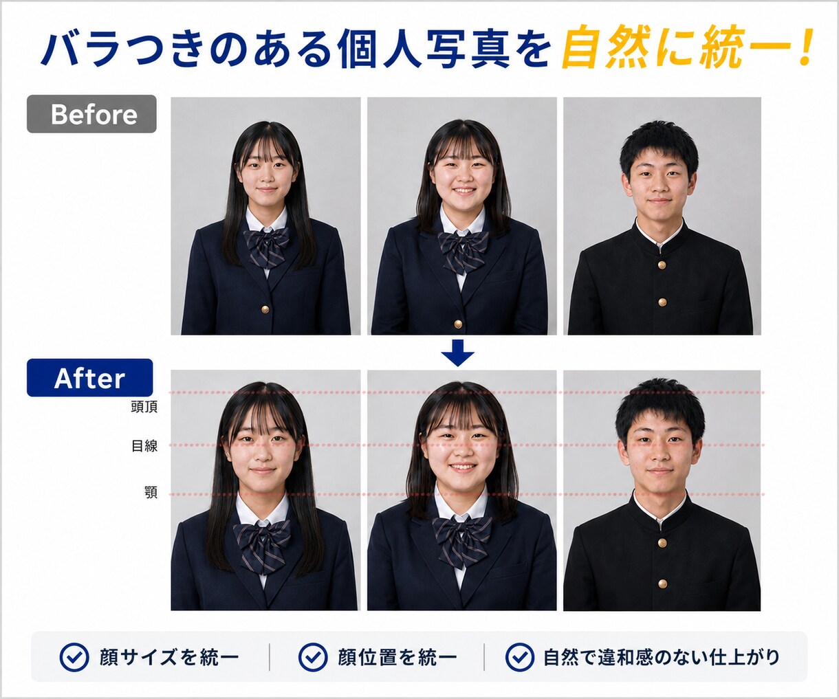卒アル個人写真の顔サイズ・顔位置を自然に統一します 顔の大きさ・位置を揃え見栄えの良い写真にします イメージ2