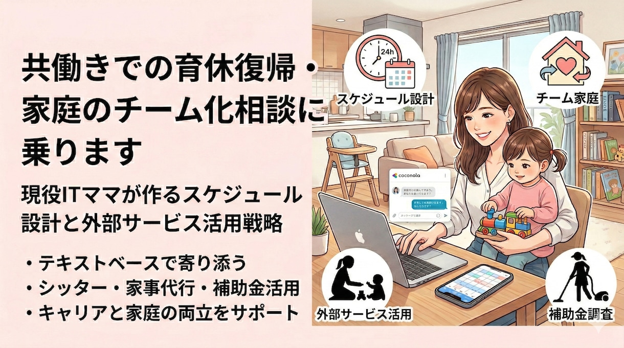 共働きでの育休復帰、家庭運営について相談に乗ります 現役共働きママが作るスケジュール設計と外部サービス活用戦略 イメージ1