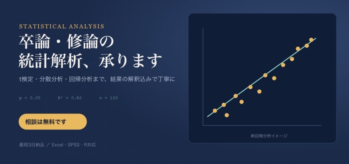 卒論・修論、顧客データなどの統計解析代行します 統計検定合格者が丁寧に解説!卒論のt検定・回帰分析もお任せ イメージ1