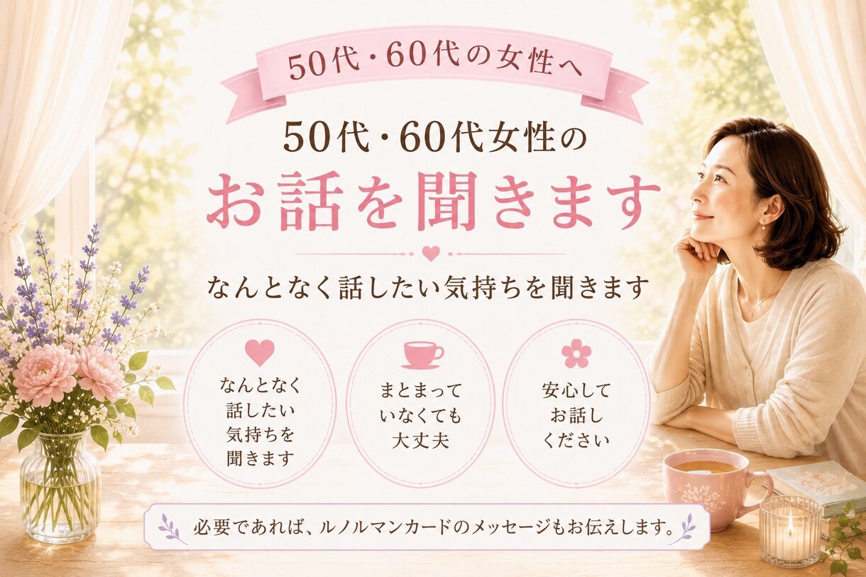 50代60代女性の悩みに｜数秘とカードで整理します 誰にも言えないモヤモヤ50代60代の悩みを丁寧にお聞きします イメージ1