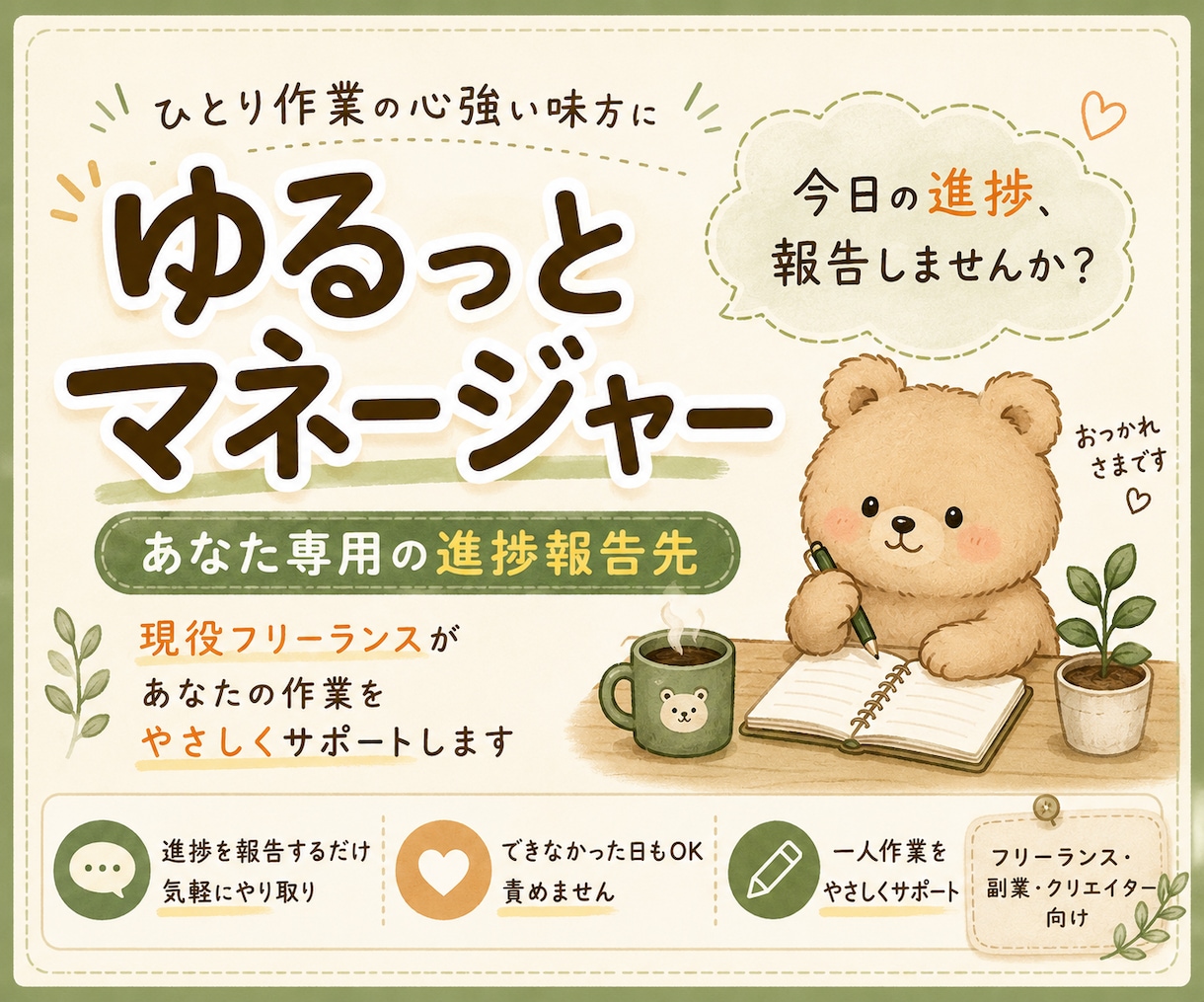 ひとり作業の進捗報告先になり、作業継続を支えます ひとりで頑張る毎日に、安心して進捗を報告できる相手になります イメージ1