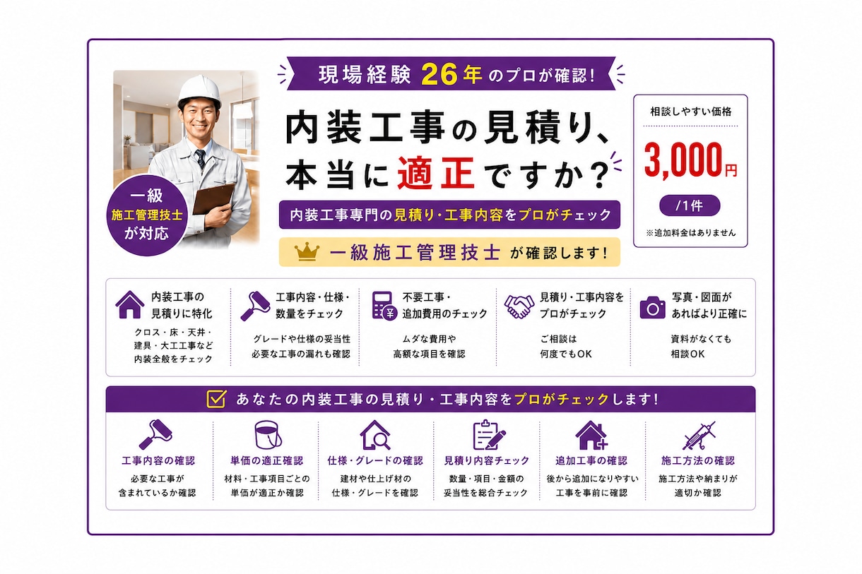 一級施工管理技士が内装見積りを診断します 現場経験26年・一級施工管理技士が確認 イメージ1