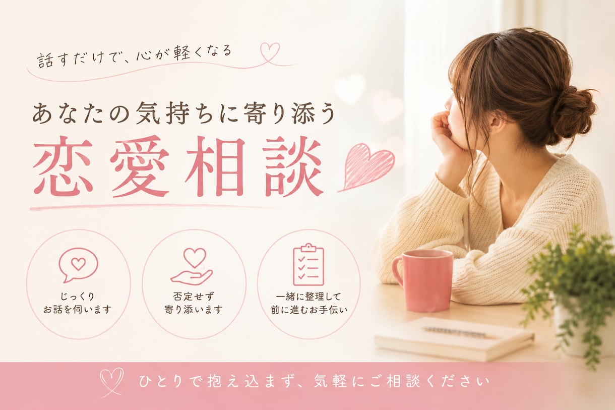 恋愛の悩み、ゆっくり聞きます 一人で抱え込まないで、一緒に整理しましょう イメージ1