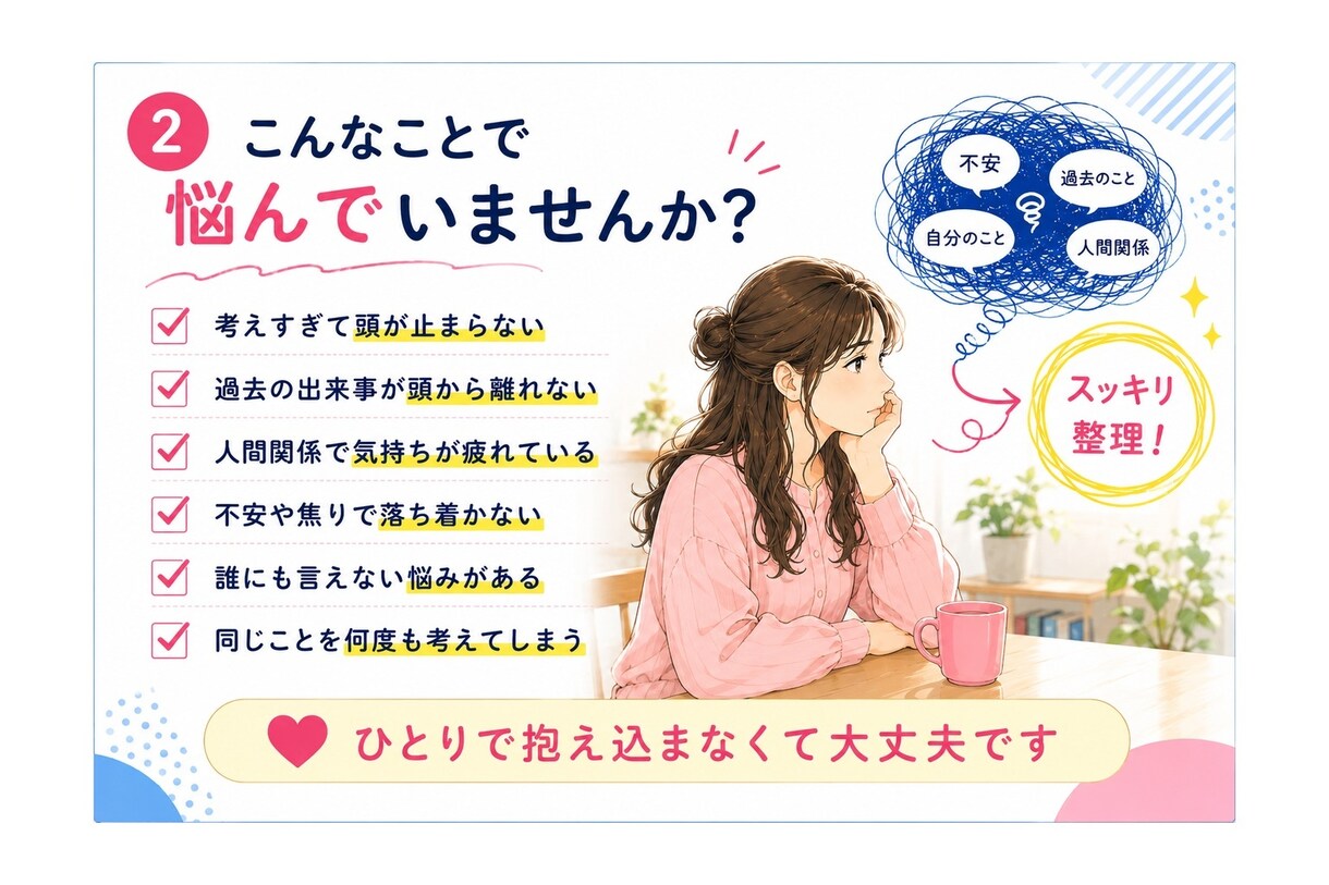 精神科歴10年｜あなたの脳内パニックを整理します あなたのぐちゃぐちゃな悩みを1テーマずつ言語化し整理します イメージ2