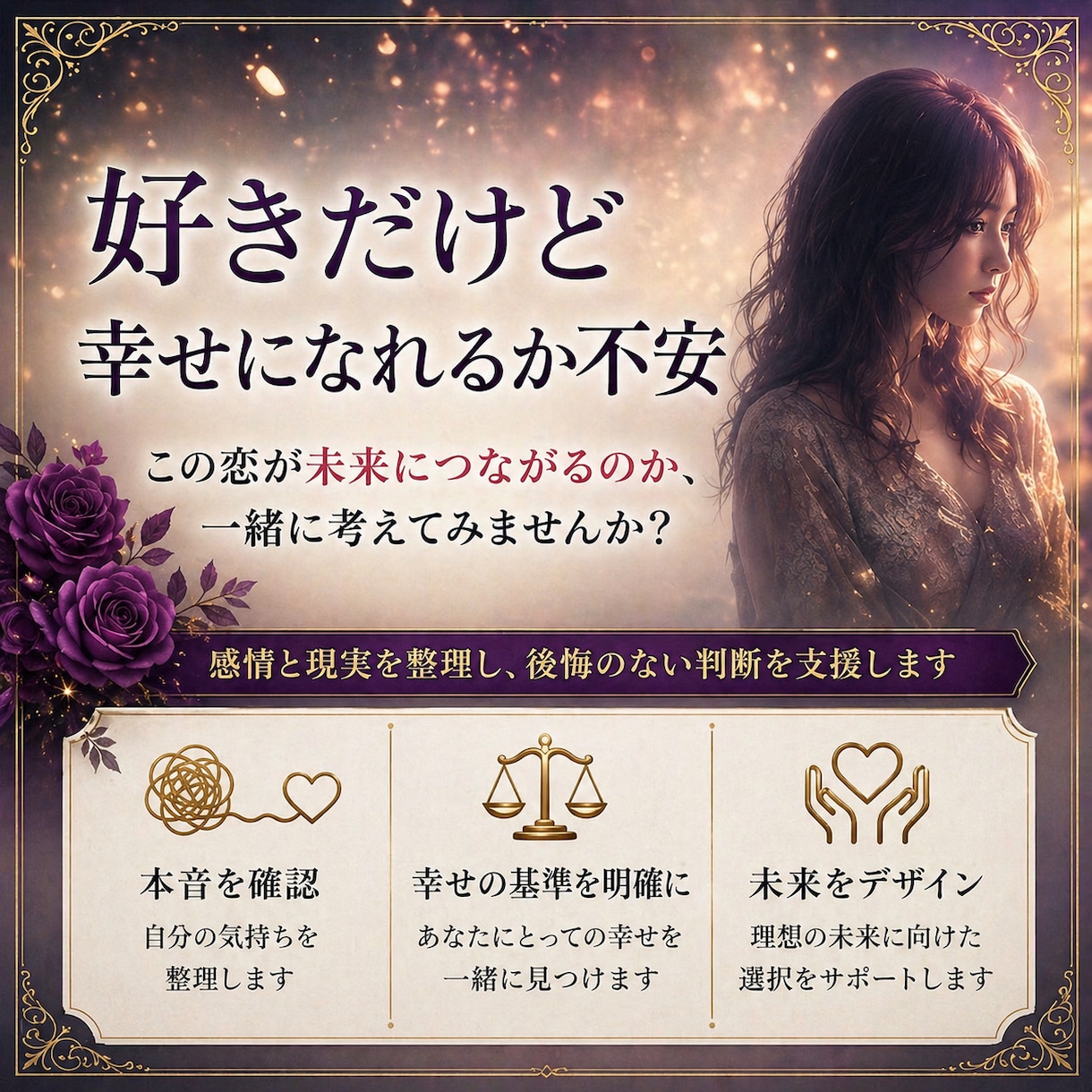 迷っているその恋愛に、後悔のない選択を導きます 別れと継続、どちらも後悔しない判断をサポートします。 イメージ3