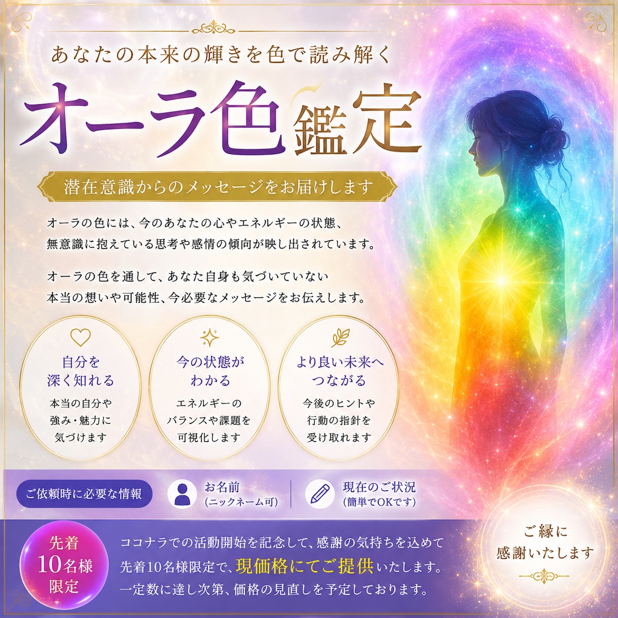 あなたの潜在オーラ色を鑑定します 無意識下にある潜在のオーラ色を簡単な質問からお答えします イメージ1