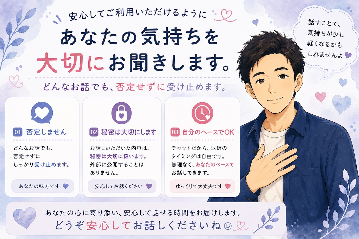 恋愛の愚痴・悩み・モヤモヤをチャットでお聞きします 恋愛の愚痴やモヤモヤを気軽にお話しください イメージ3