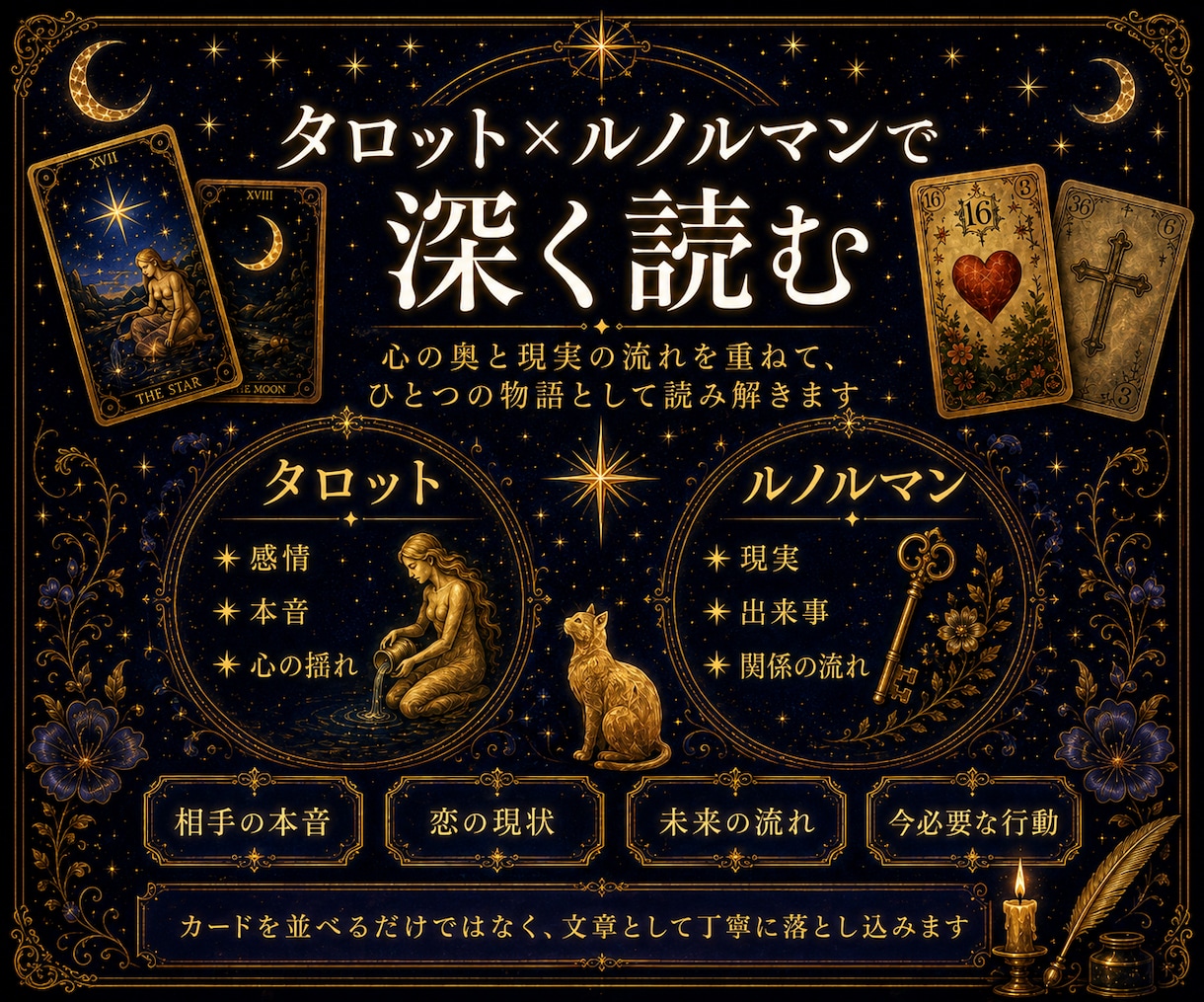 あの人の本音と二人の未来を深く読み解きます タロット×ルノルマンで気持ちと現実の両面を読みます イメージ2