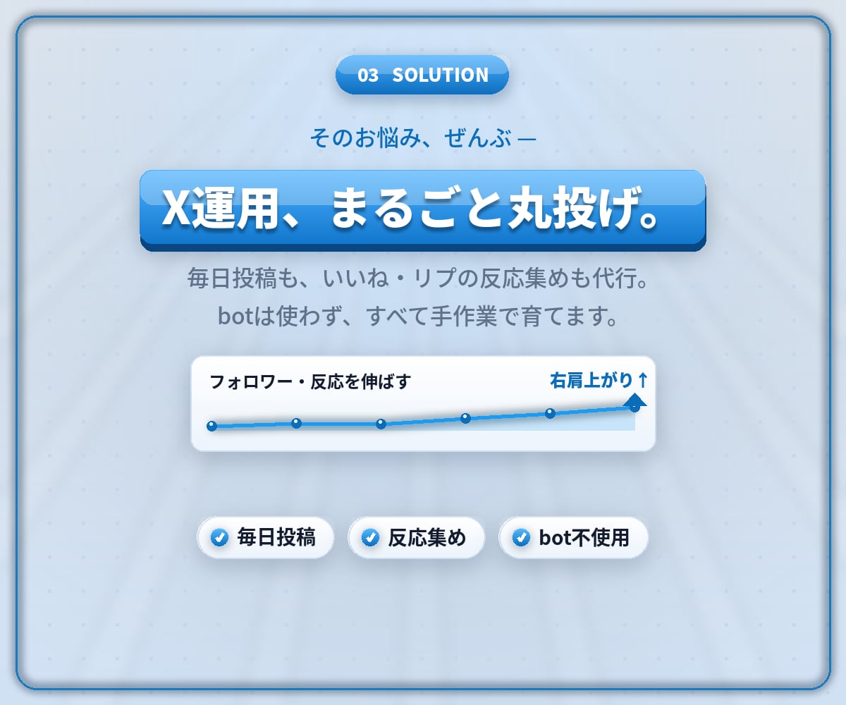 X運用を毎日投稿・反応集めまで代行します 毎日投稿もいいね・リプ集めも、bot不使用の全手作業で代行 イメージ4