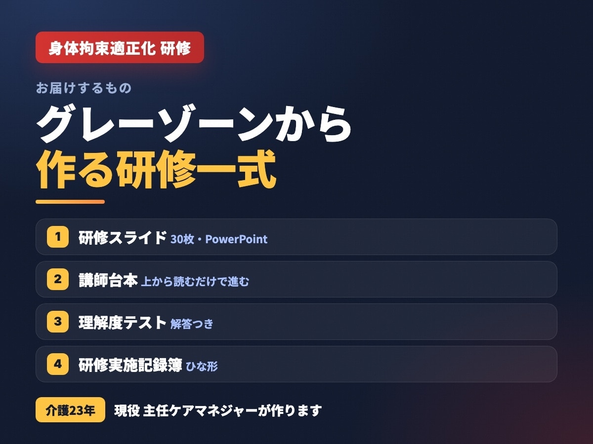 介護・障害福祉の身体拘束適正化研修と記録を作ります 運営指導で示せる｜スライド30枚＋台本＋テスト＋記録簿 イメージ2