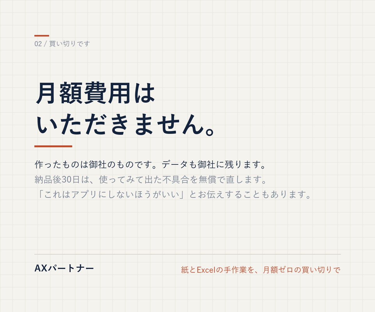 毎月くり返す事務作業を、御社専用アプリにします 紙とExcelの手作業を、月額ゼロの買い切りで イメージ3