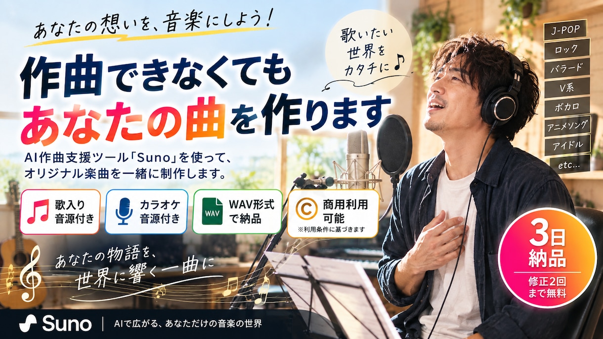 作曲できなくてもオリジナル曲を制作します 歌入り＋カラオケでWAV納品商用利用対応です イメージ1