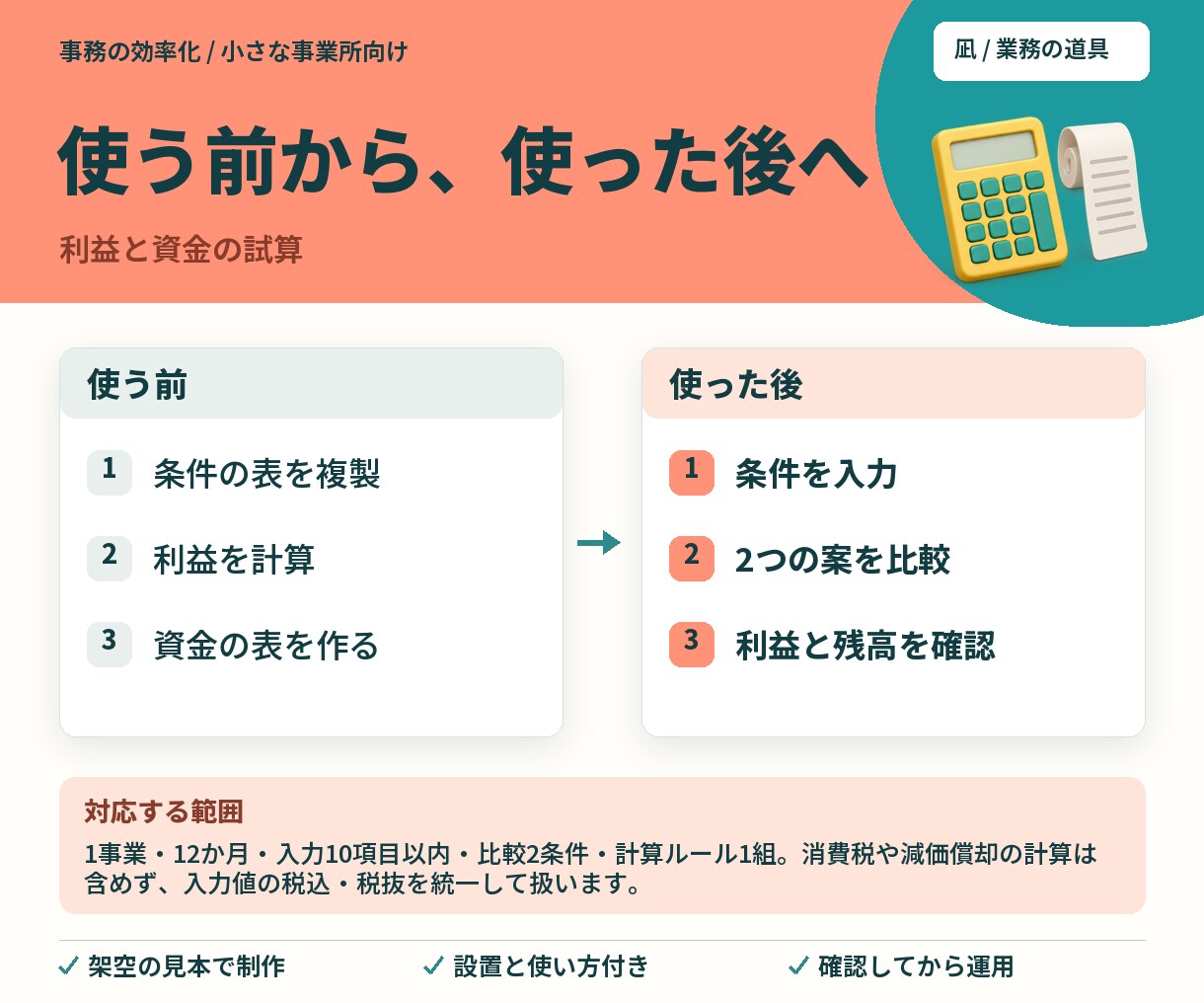 利益と資金残高を比べる試算画面を制作します 売上の条件を変えて、利益と残高を別々に確認 イメージ2