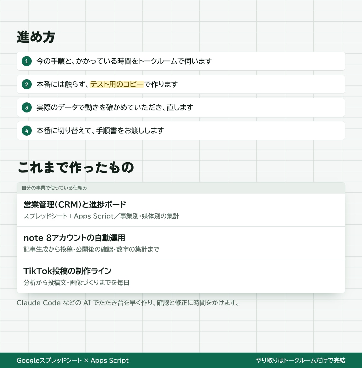 スプレッドシートの集計をGASで自動化します テスト用のコピーで確かめてから手順書つきでお渡し イメージ3