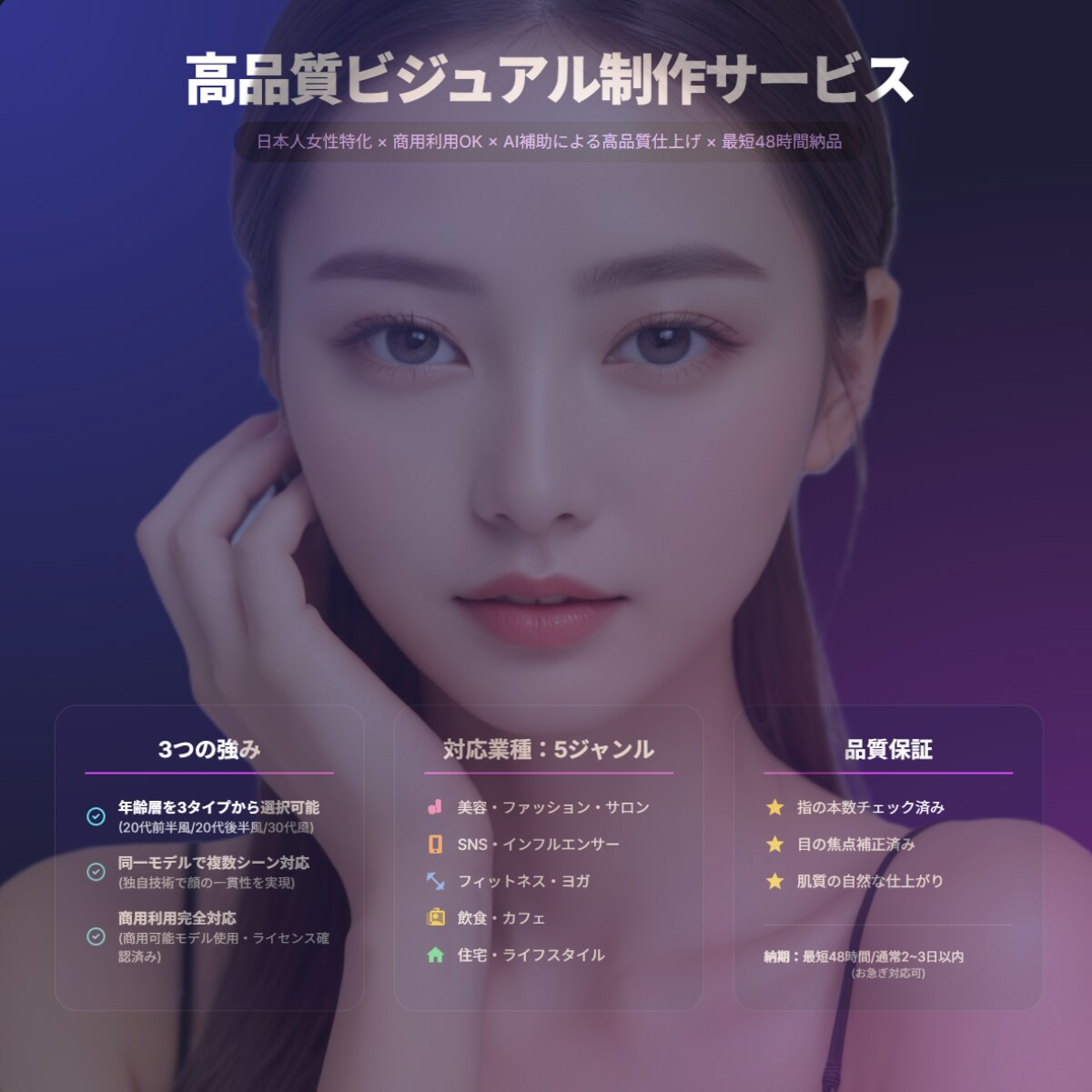 商用OK｜SNS・広告用 日本人女性画像制作します SNS広告・LP対応｜モデル不要の実写風女性画像 イメージ1