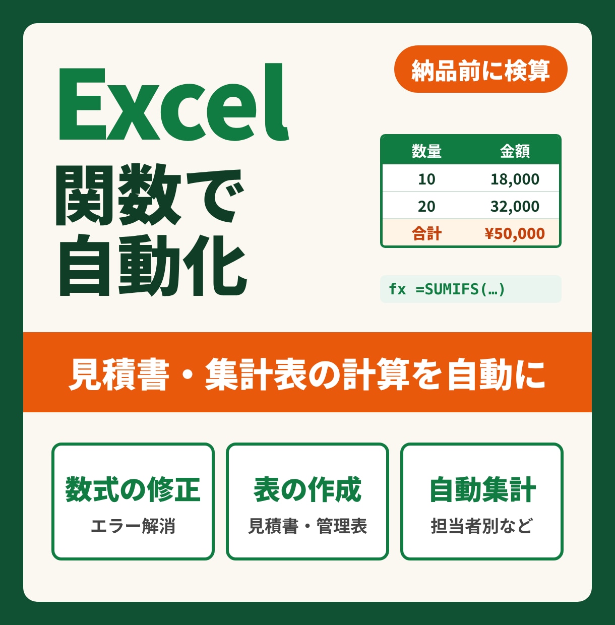 Excelの関数・数式を作成・修正します 手作業の計算を自動に。検算まで丁寧に対応します イメージ1