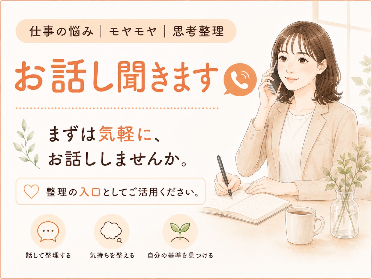 仕事の悩み｜モヤモヤ｜思考整理｜お話し聞きます 一人で考えて堂々巡りになる前に、まずは気持ちを整理しませんか イメージ1