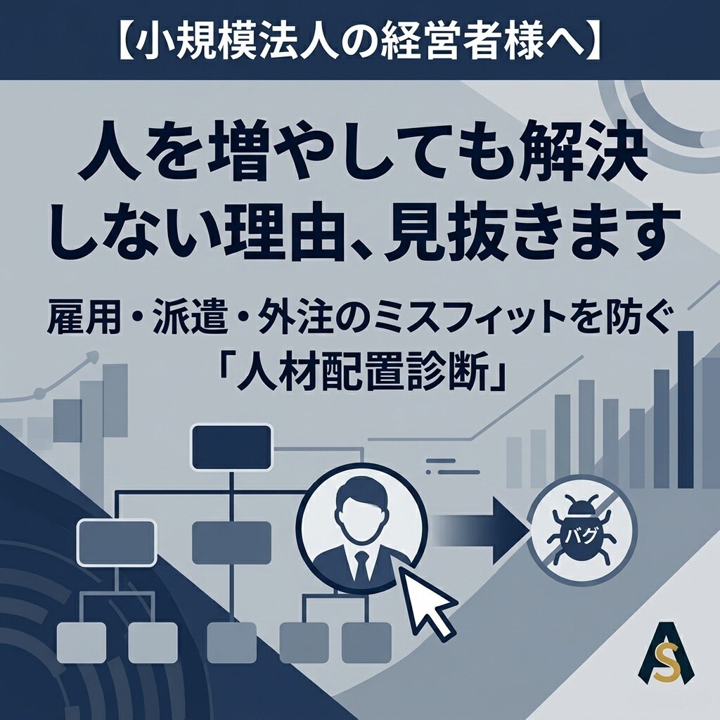 人材配置診断｜雇用・派遣・外注選びの失敗を防ぎます 人を増やしても解決しない現場へ。人数ではなく配置バグを特定 イメージ1