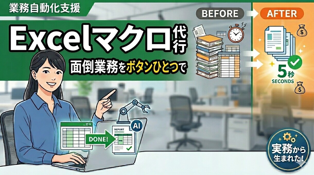 Excelマクロ作成｜単純な転記を自動化をします 毎日1時間かかるコピペ作業、ボタン一つで終わらせませんか？ イメージ1