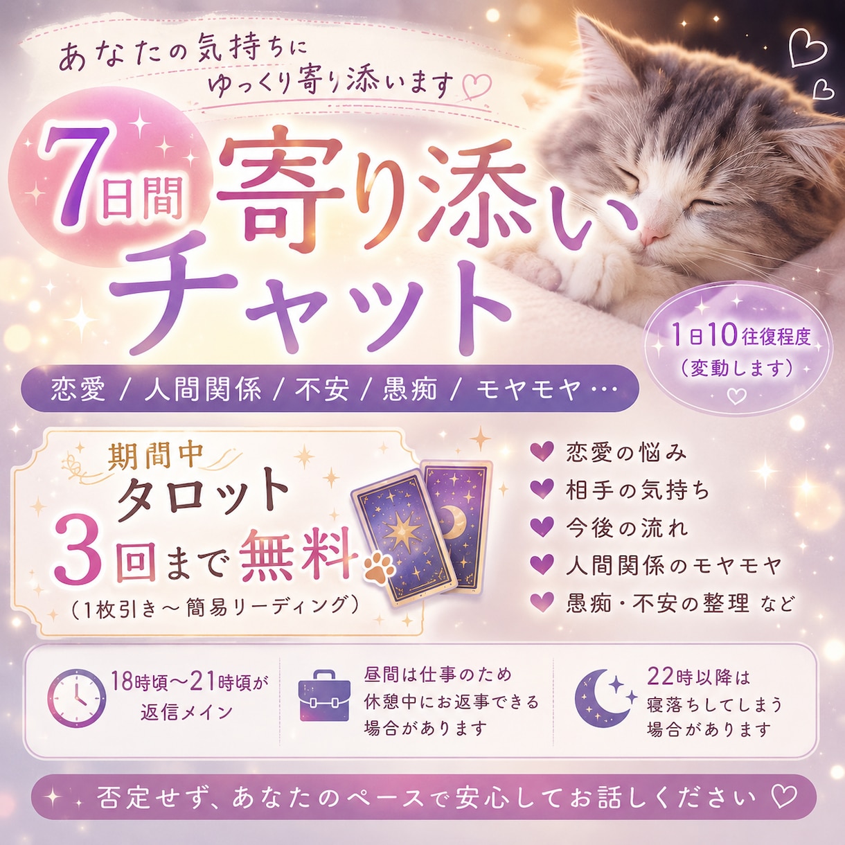7日間寄り添いチャットします あなたの気持ちに寄り添いながらゆっくりお話をお聞きします。 イメージ1