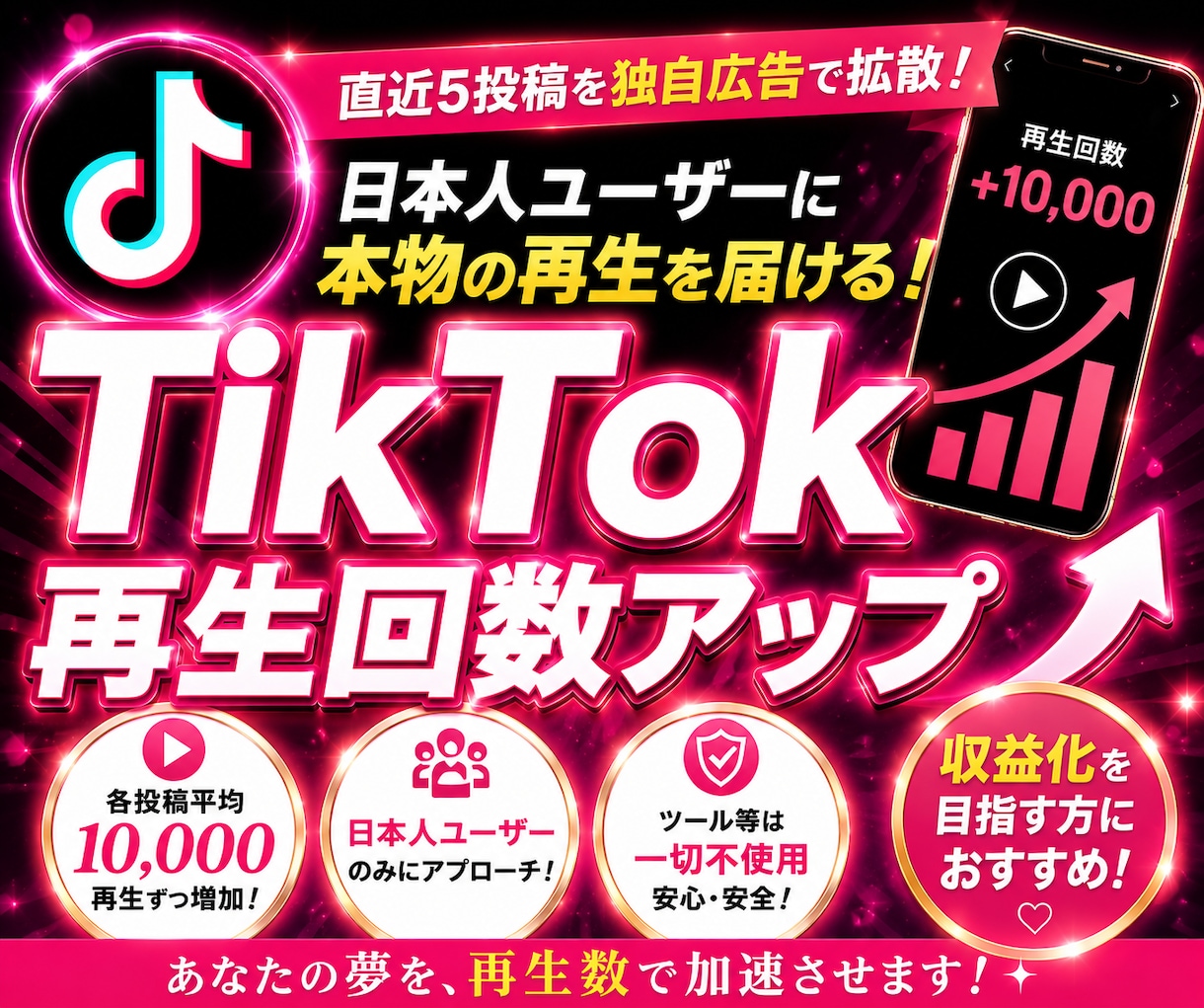 TikTok直近5投稿の日本人再生回数を増やします 直近5投稿~の再生回数を拡散します！独自の広告拡散！ イメージ1