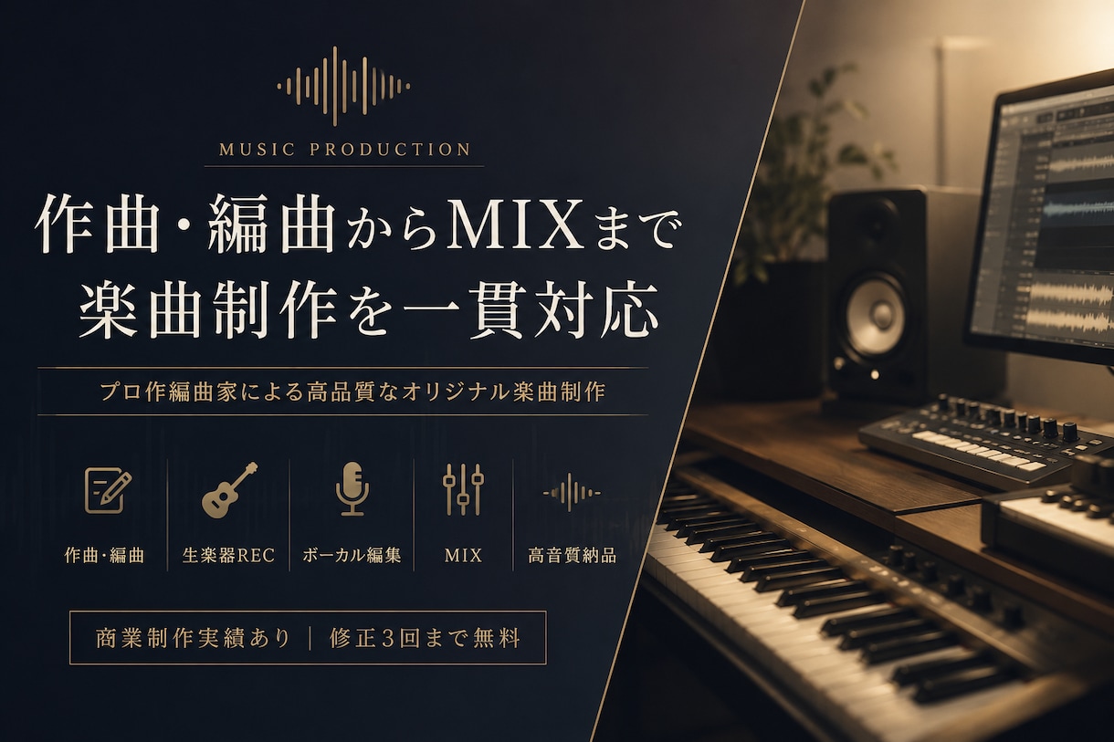 プロ作編曲家がオリジナル楽曲を一貫制作します 商業制作実績あり｜作曲・編曲・生演奏・ボーカル編集・MIX イメージ1