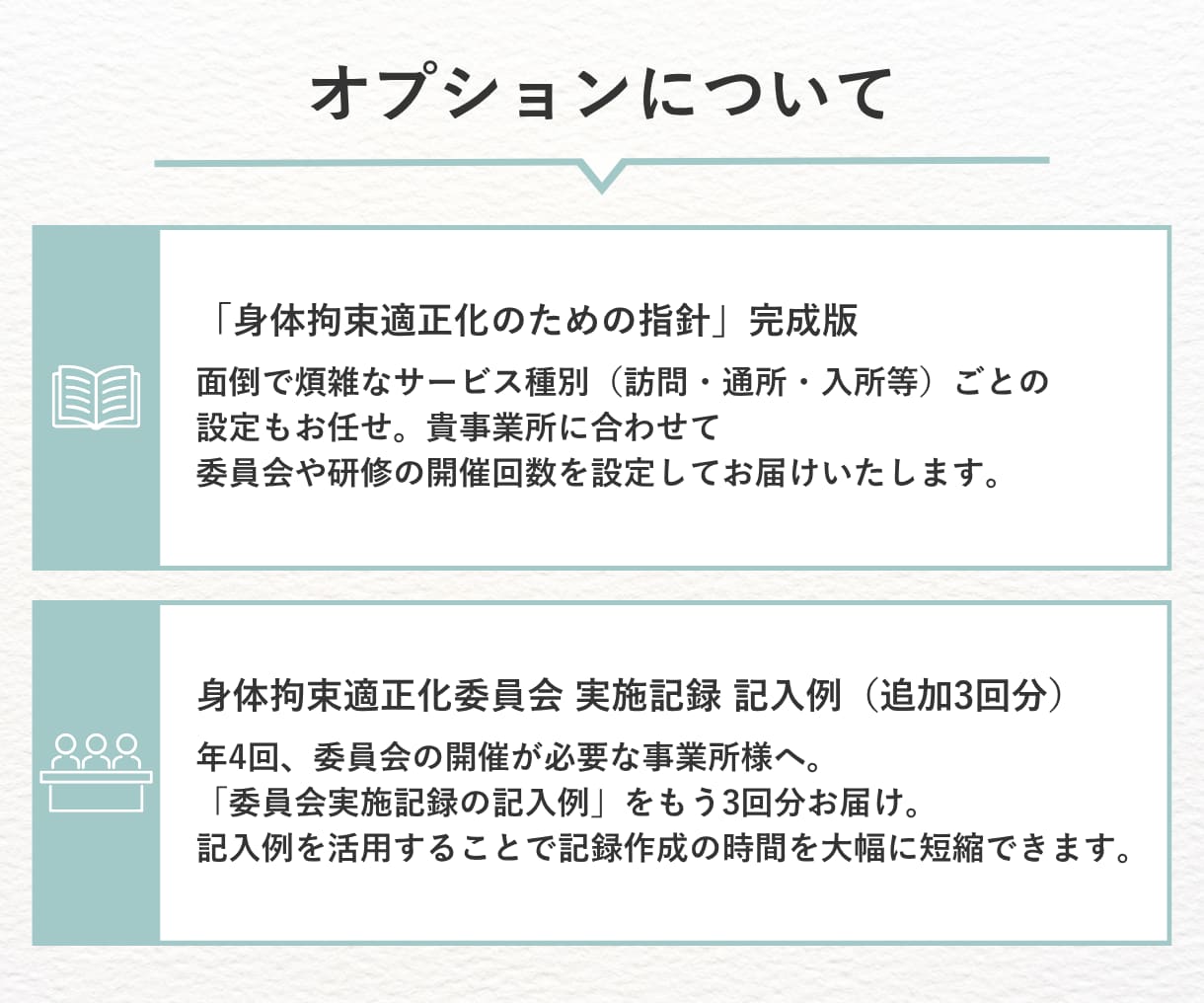 運営指導で指摘０！身体拘束完全対策セット提供します 指針・委員会・研修が最短1時間*で完了【介護・障がい対応】 イメージ7