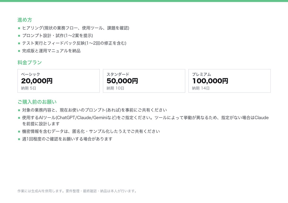 誰でも同じ品質で使える業務プロンプトを設計します 属人化したAI活用を、社内で共有できるプロンプトに整えます イメージ5