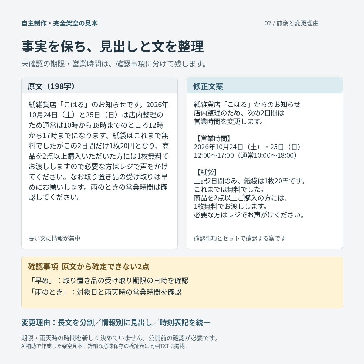 案内文や商品説明を読みやすく整えます 誤字・表記ゆれを確認し、変更理由も添えます イメージ2